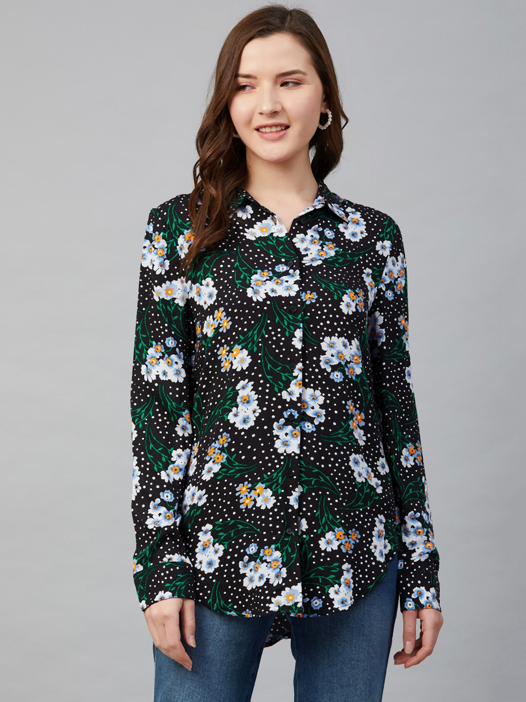 

Marks & Spencer Women Black & Off-White Floral Print Sustainable Casual Shirt