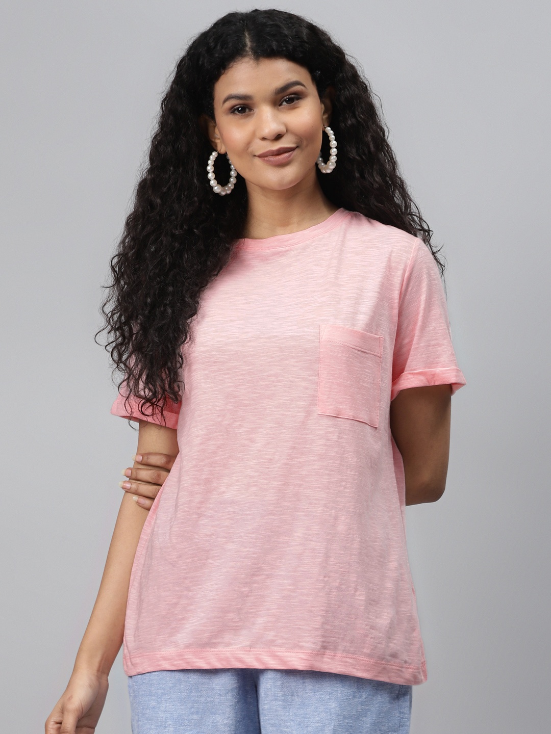 

Marks Spencer Women Pink Slub Effect Round Neck Pure Cotton T-shirt