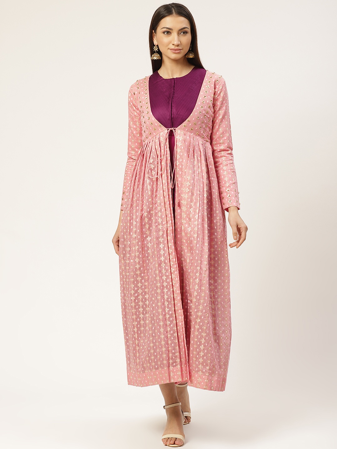 

VASTRANAND Women Purple Solid Maxi Ethnic Dress with Longline Ethnic Jacket