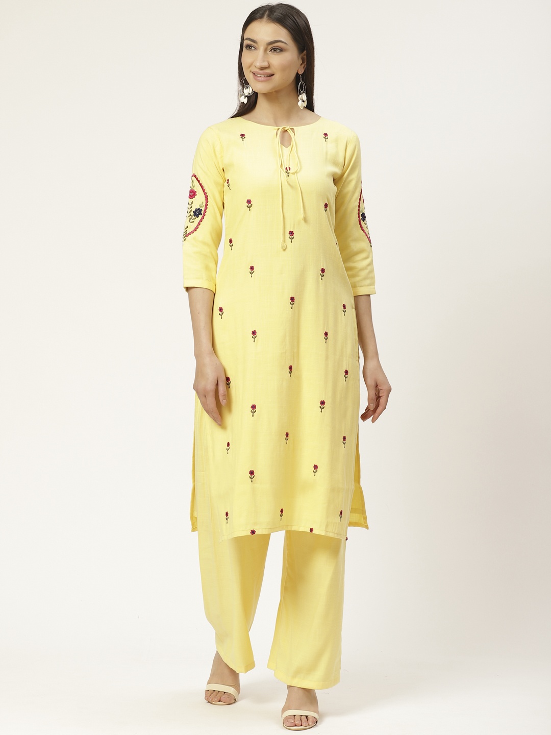 

VASTRANAND Women Yellow & Pink Hand Embroidered Kurta with Palazzos