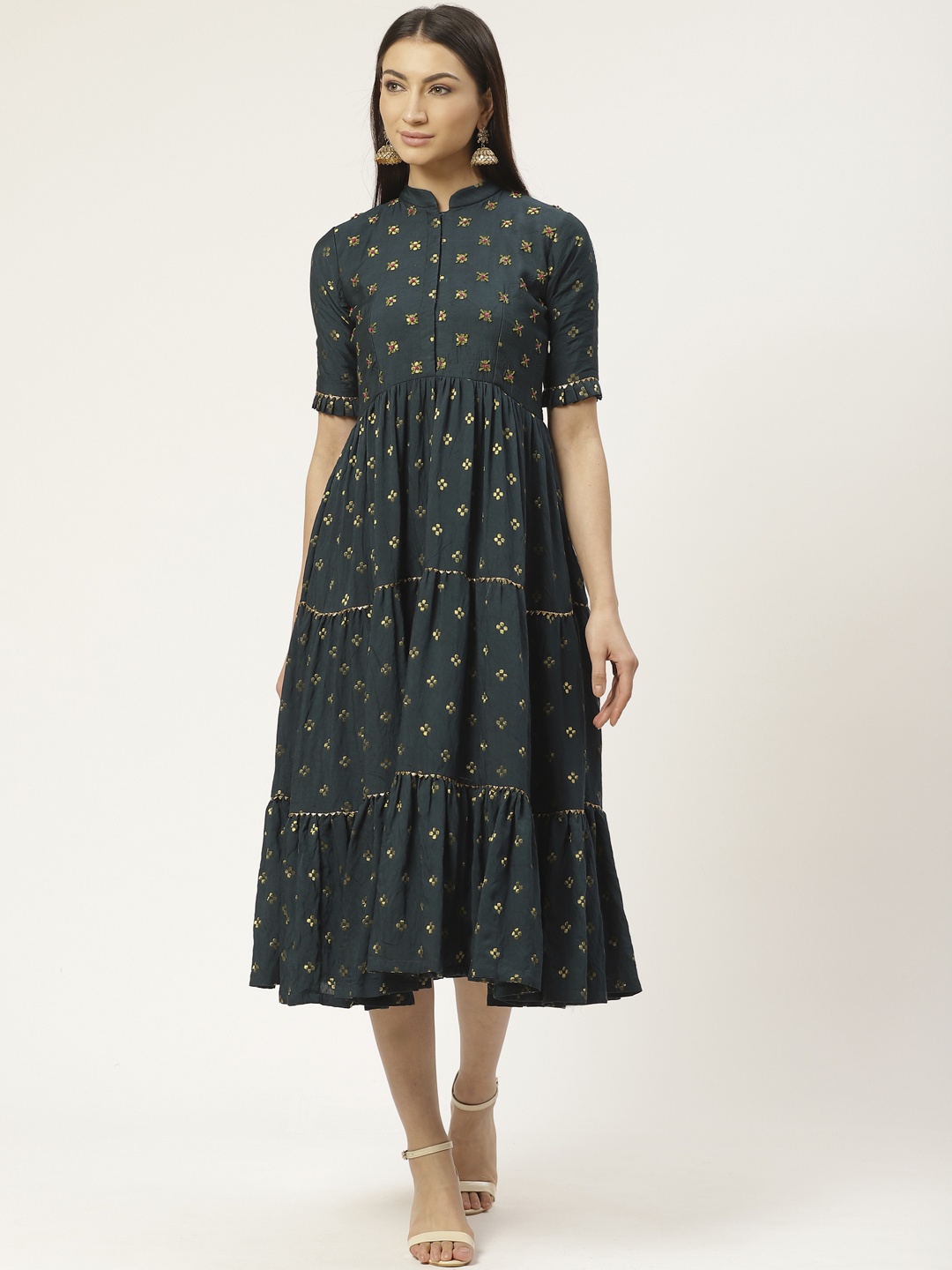 

VASTRANAND Women Teal Green & Golden Printed Tiered A-Line Dress