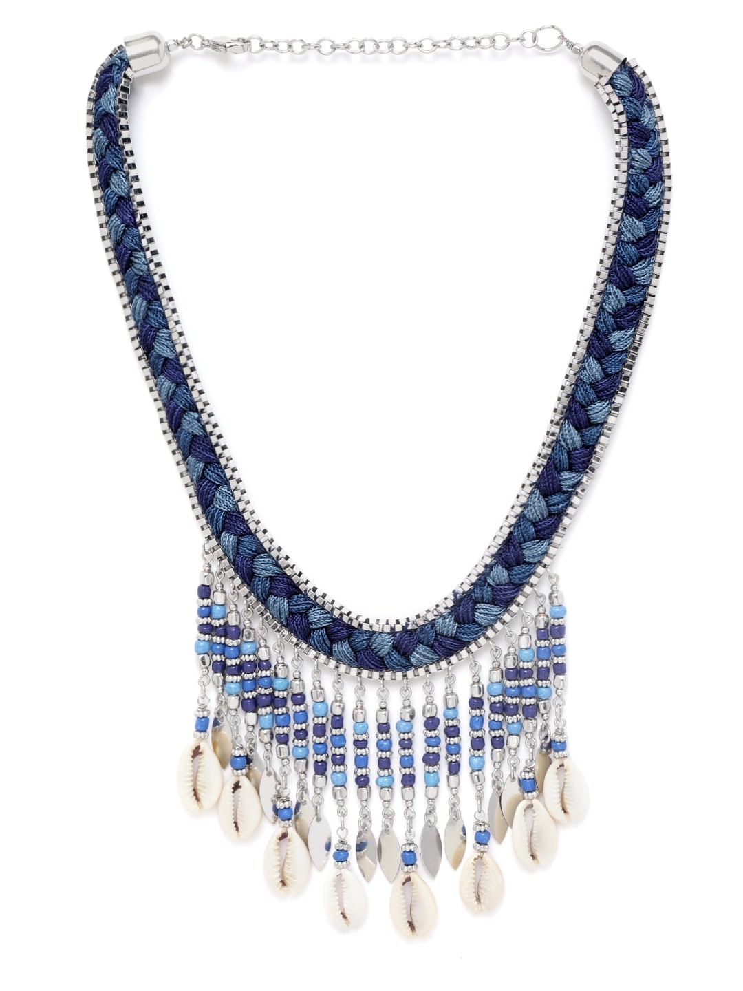 

RICHEERA Blue Silver-Plated Beaded Sea Shell Detail Braided Tribal Necklace