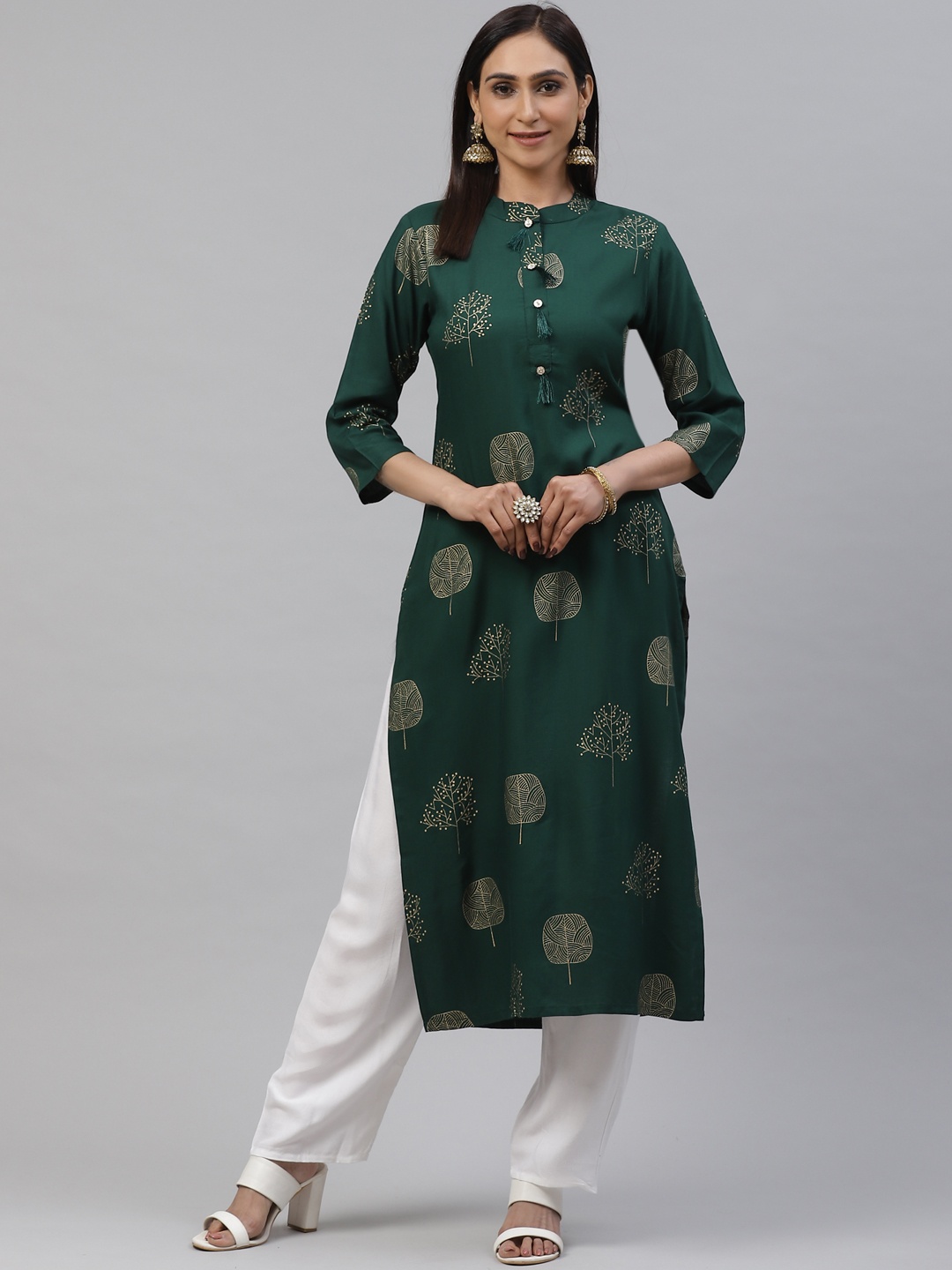 

KALINI Women Green & White Printed Kurta with Palazzos