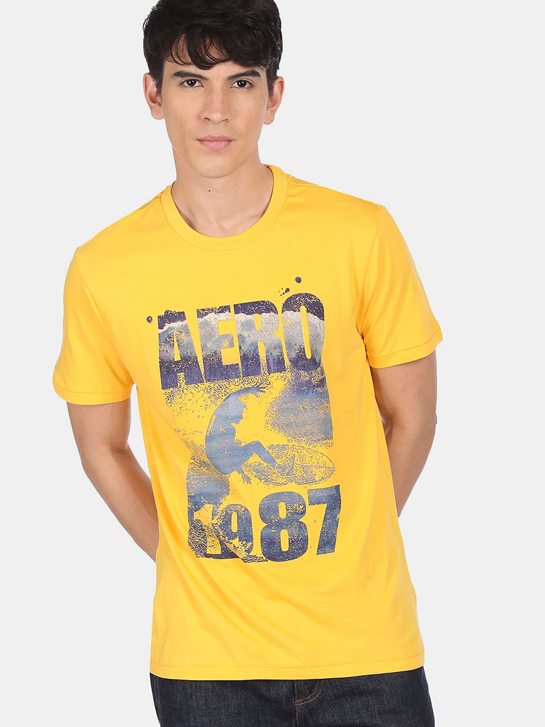 

Aeropostale Men Yellow Printed Cotton Round Neck T-shirt