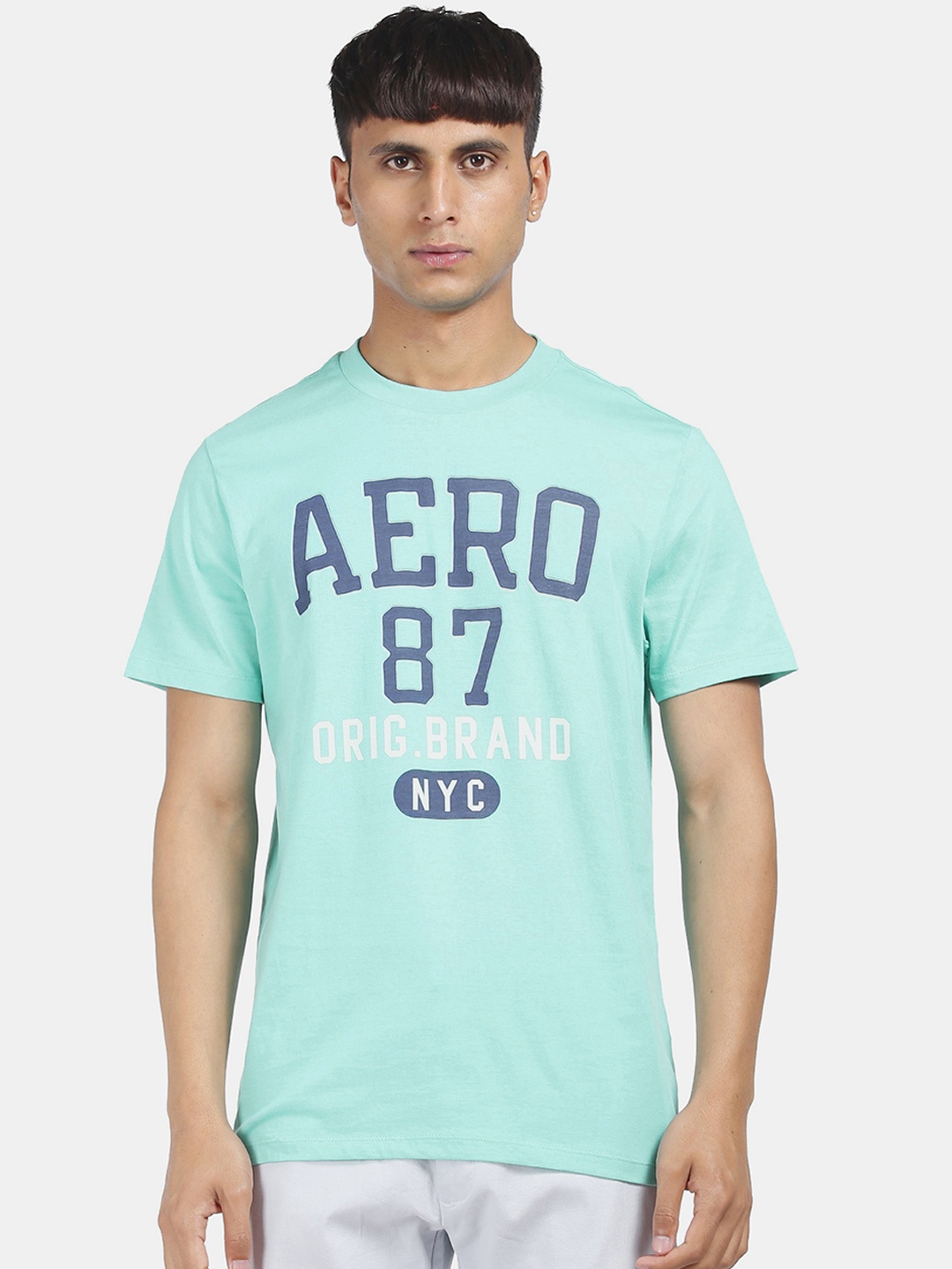 

Aeropostale Men Turquoise Blue Printed Round Neck Pure Cotton T-shirt