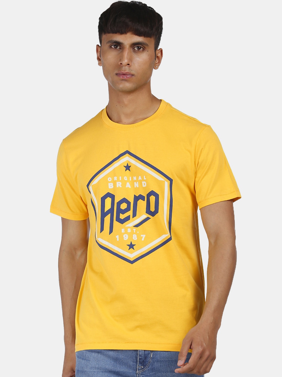 

Aeropostale Men Yellow Printed Round Neck Pure Cotton T-shirt