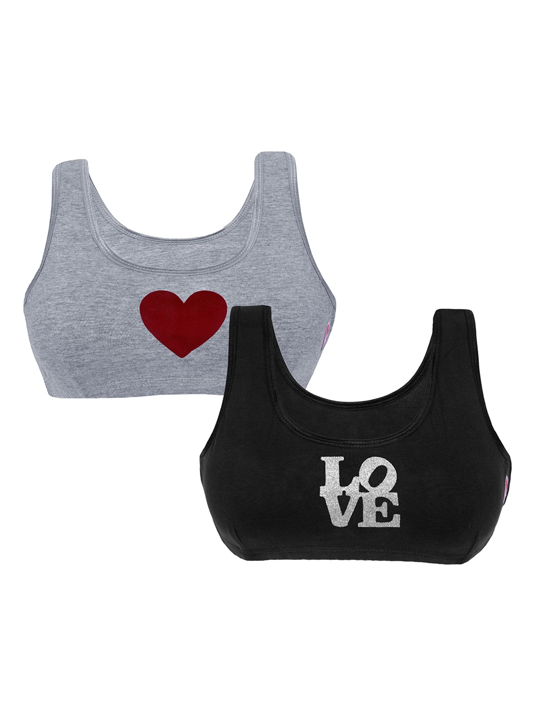 

DChica Girls Pack Of 2 Printed Non-Wired Non-Padded Beginner Sports Bras DCBRJN6475, Grey melange