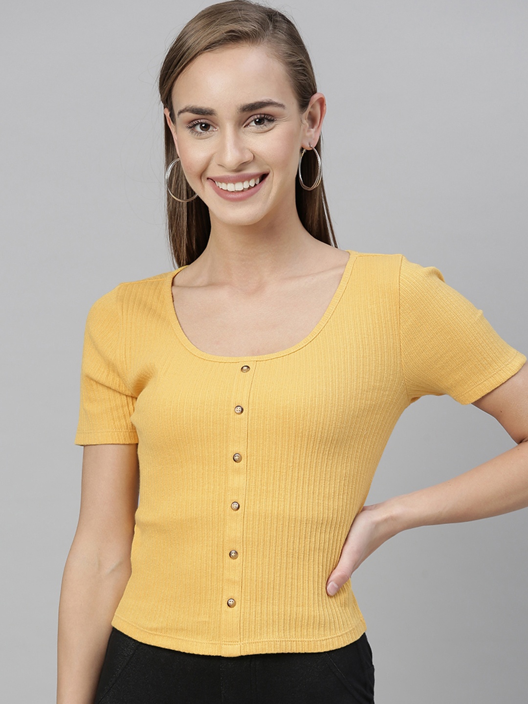 

ONLY Women Mustard Yellow Ribbed Scoop Neck T-shirt