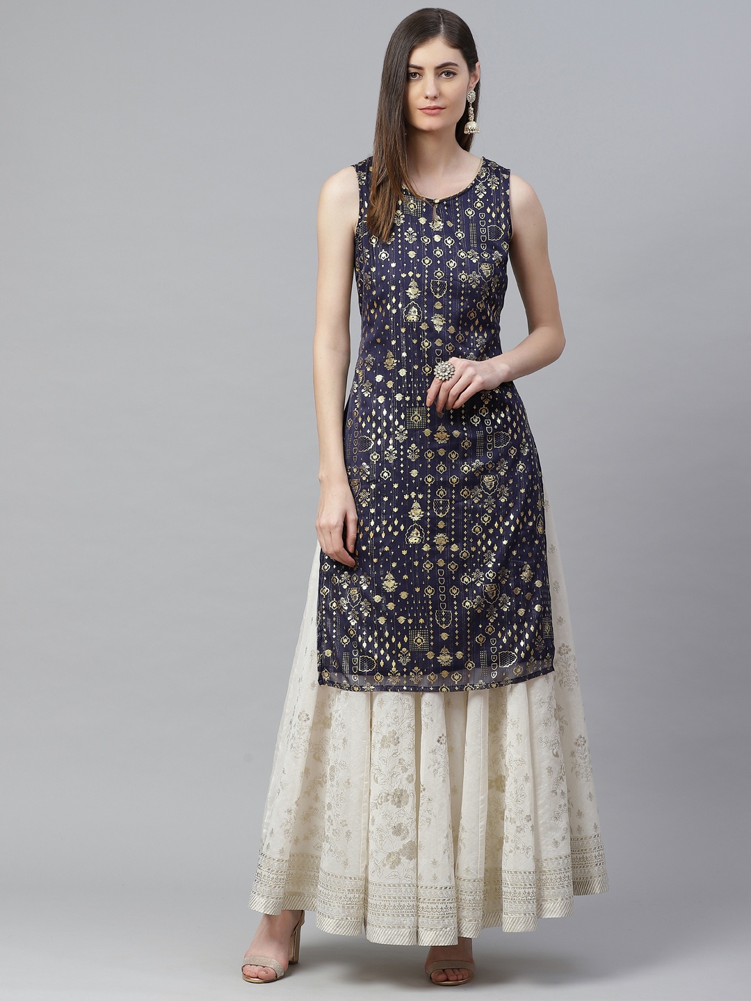 

AURELIA Women Navy Blue & Golden Printed Keyhole Neck Straight Kurta