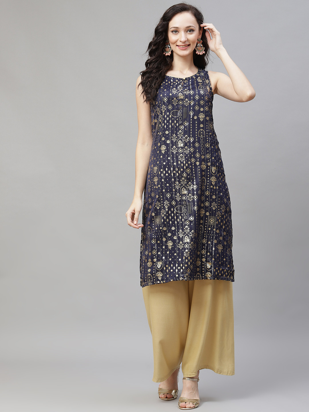 

AURELIA Women Navy Blue & Golden Ethnic Motifs Print Straight Kurta with Zari Detail