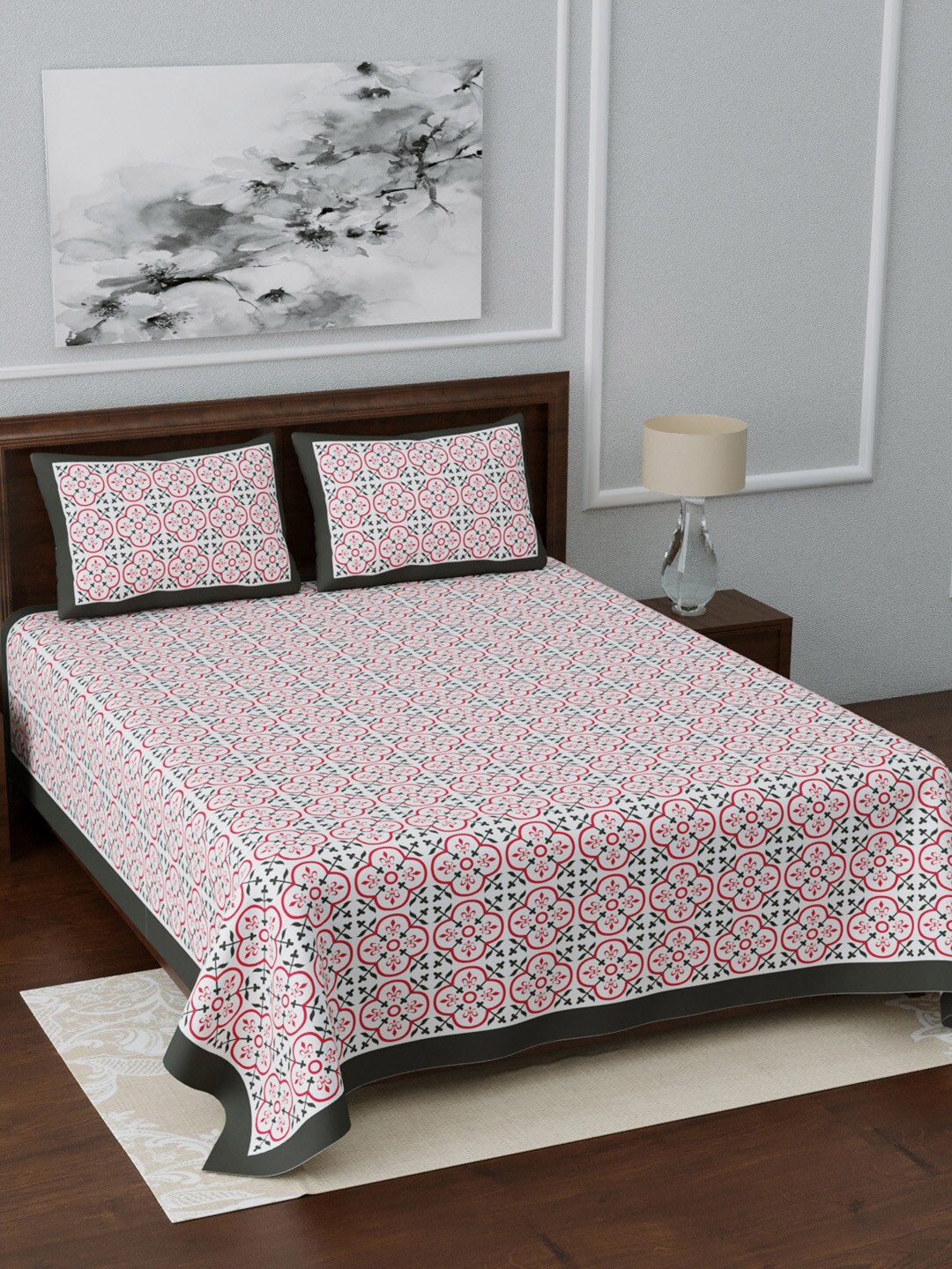 

LIVING ROOTS White & Pink Printed 210 TC Cotton 1 King Bedsheet with 2 Pillow Covers