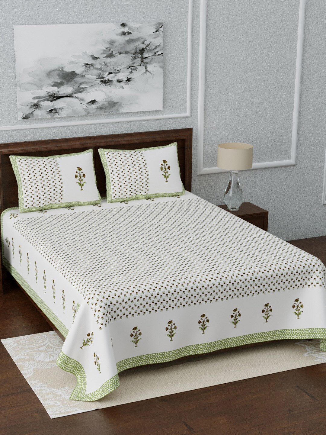 

LIVING ROOTS White & Olive Green Printed 210 TC King Bedsheet With 2 Pillow Covers