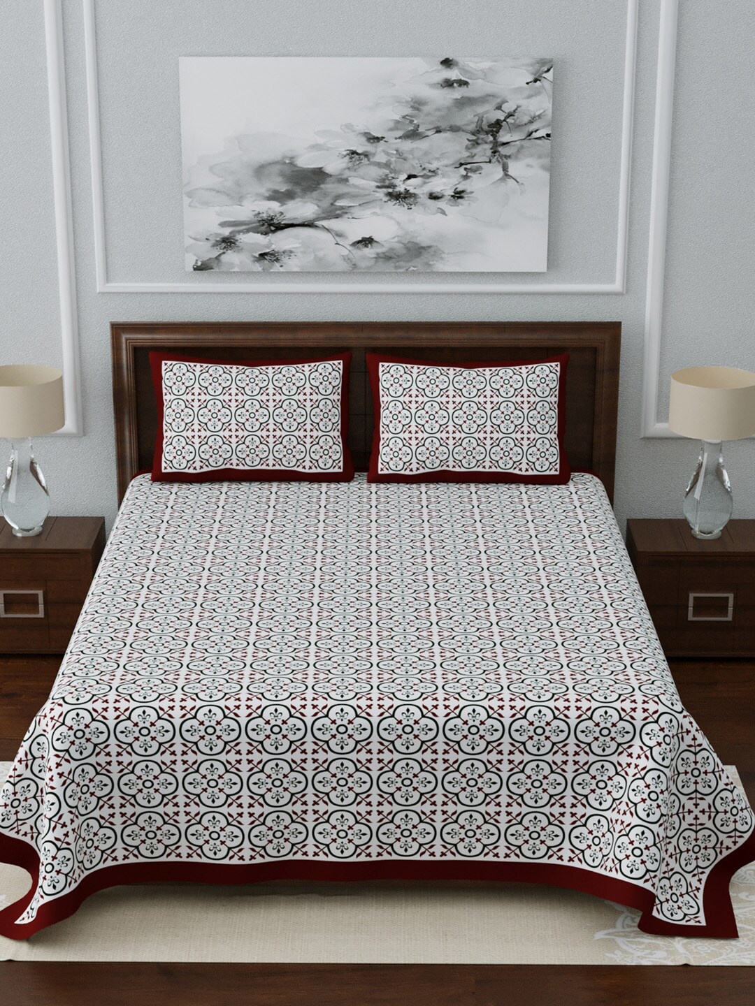 

LIVING ROOTS White & Maroon Printed 210 TC King Bedsheet With 2 Pillow Covers