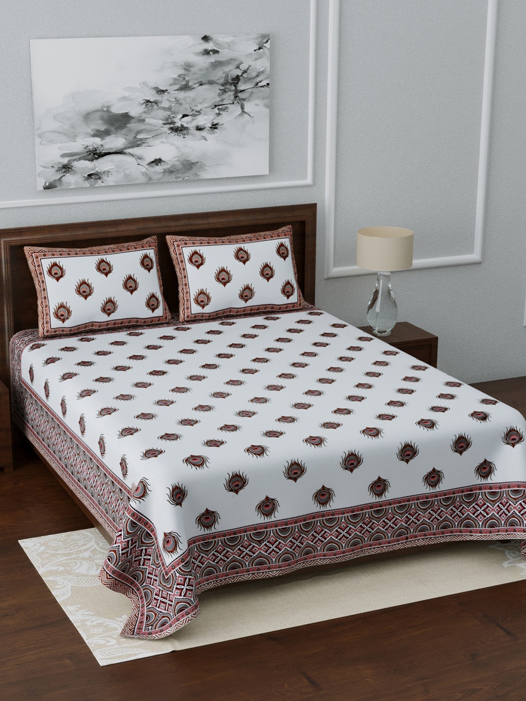 

LIVING ROOTS White & Pink Printed 210 TC Cotton 1 King Bedsheet with 2 Pillow Covers