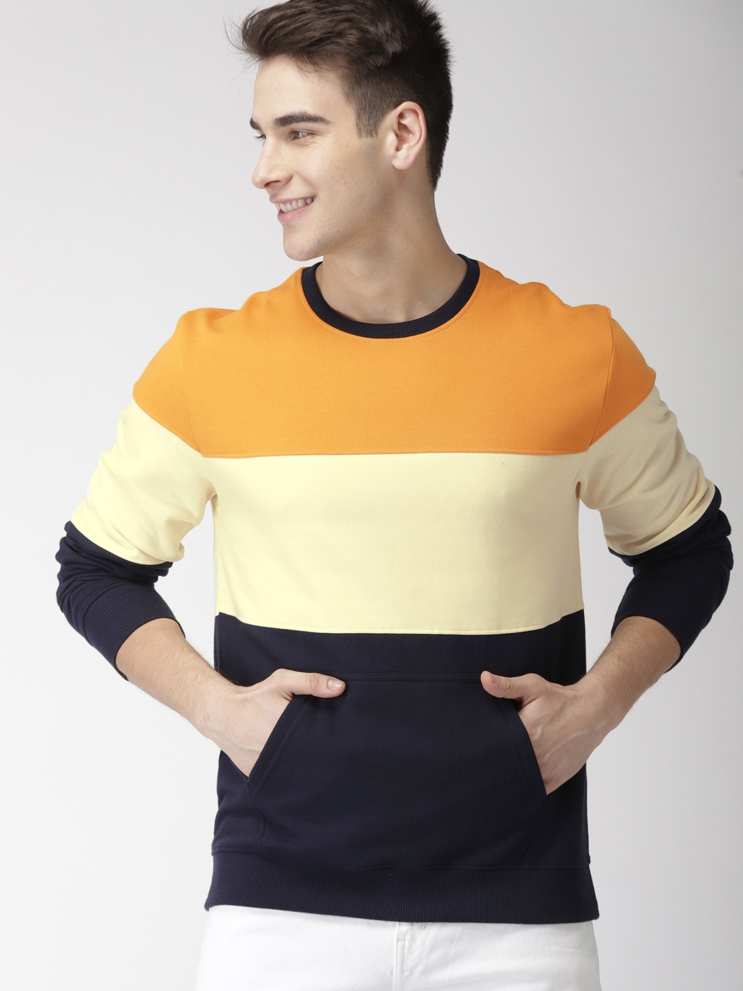 

Mast & Harbour Men Mustard Yellow & Off-White Colourblocked Sweatshirt