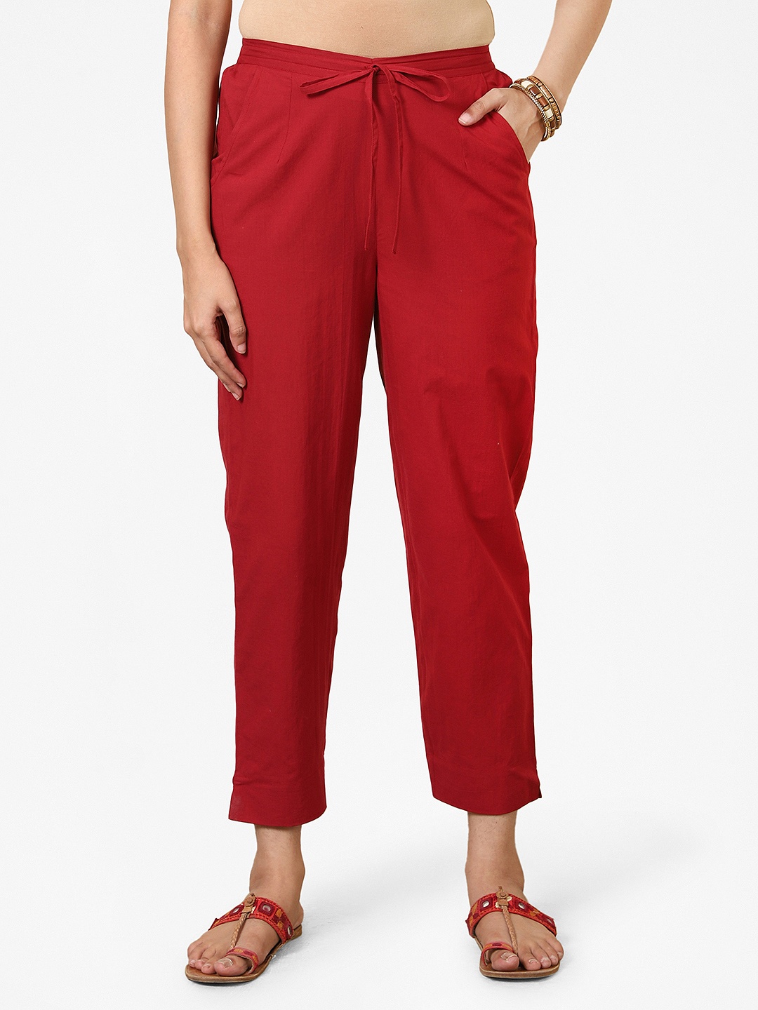 

Fabindia Women Maroon Tapered Fit Solid Pure Cotton Regular Trousers