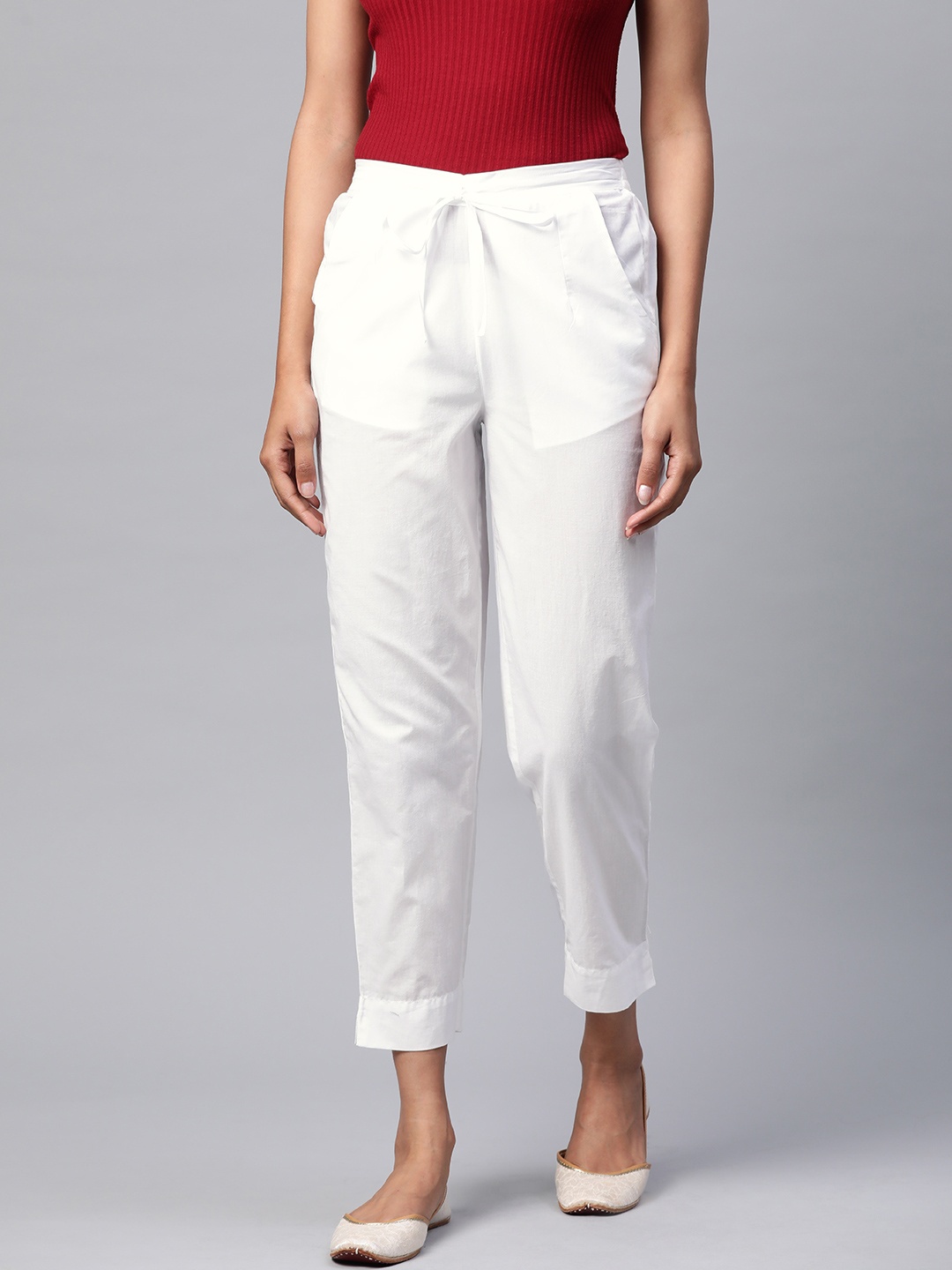 

Fabindia Women White Pure Cotton Tapered Solid Cropped Trousers