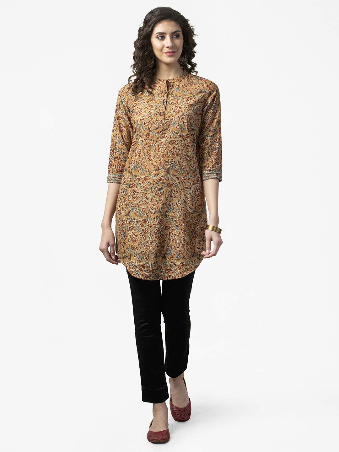 

Fabindia Women Mustard Brown & Maroon Kalamkari Print Pure Cotton Straight Kurta