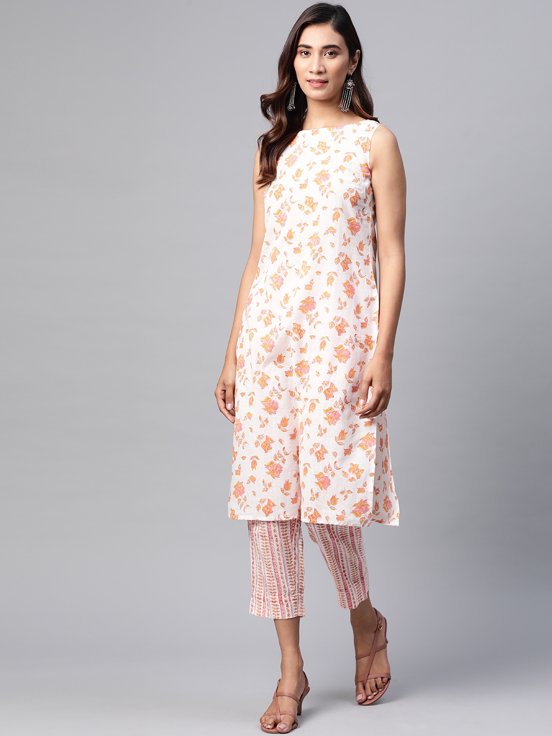 

Fabindia Women White & Mustard Yellow Handblock Print Pure Cotton Kurta with Trousers
