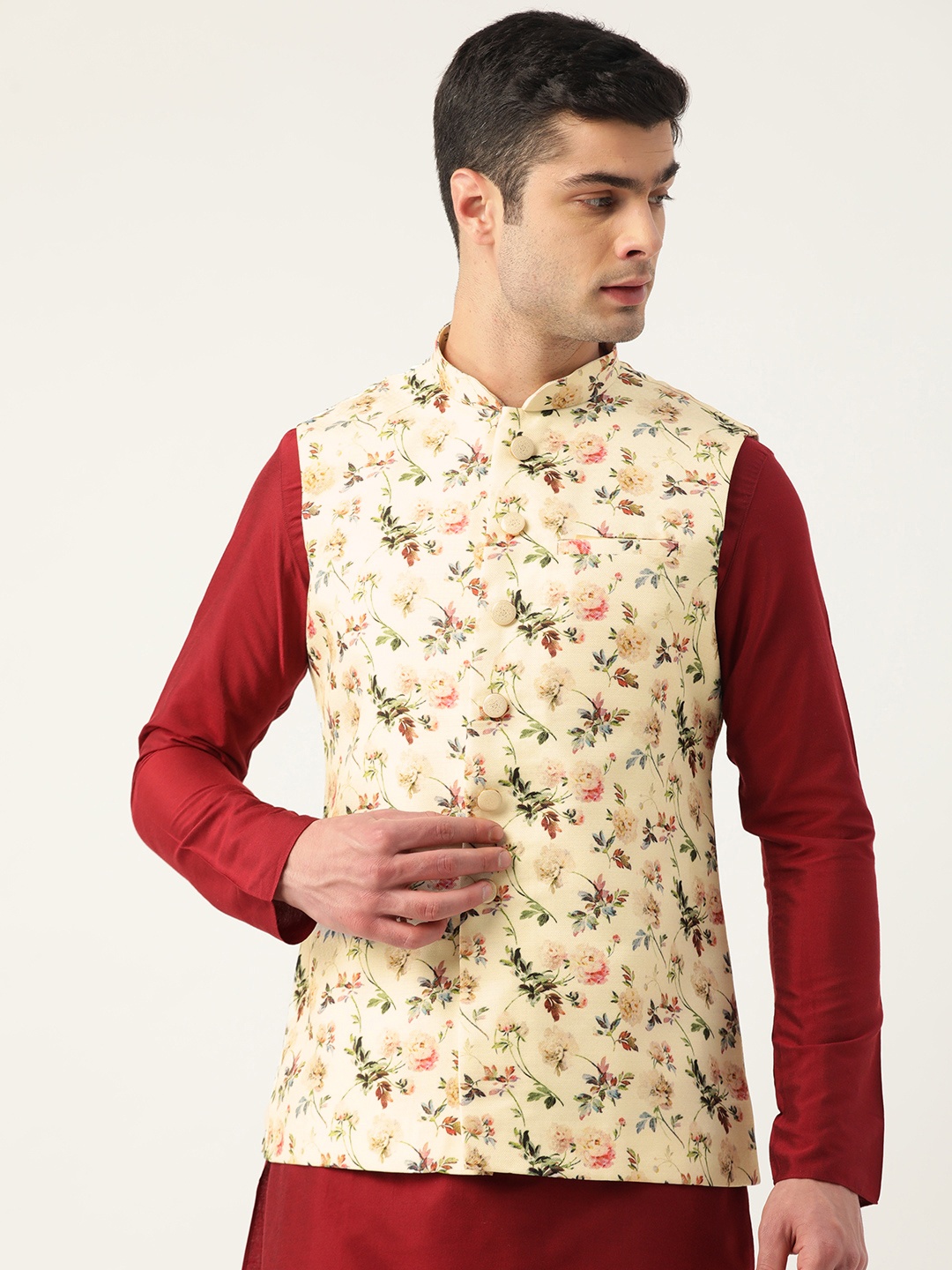 

Manyavar Men Cream-Coloured & Green Floral Print Nehru Jacket