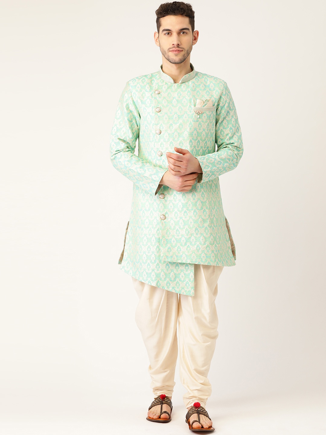

Manyavar Men Green & Off-White Jacquard Angrakha Kurta with Patiala