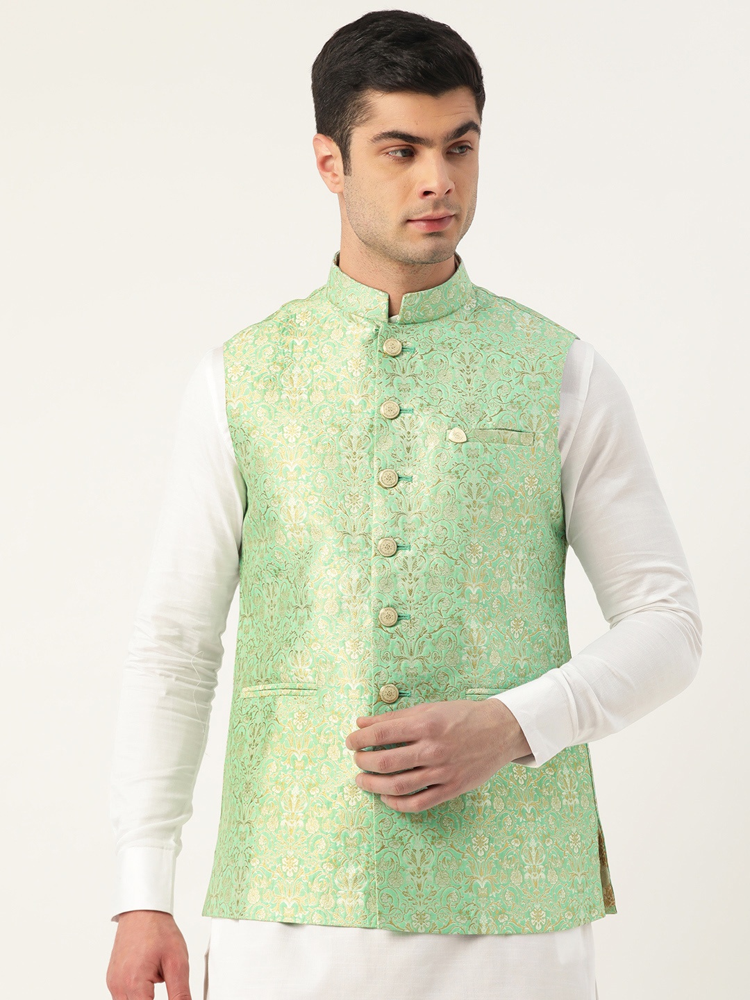 

Manyavar Men Green & Golden Woven Design Jacquard Nehru Jacket