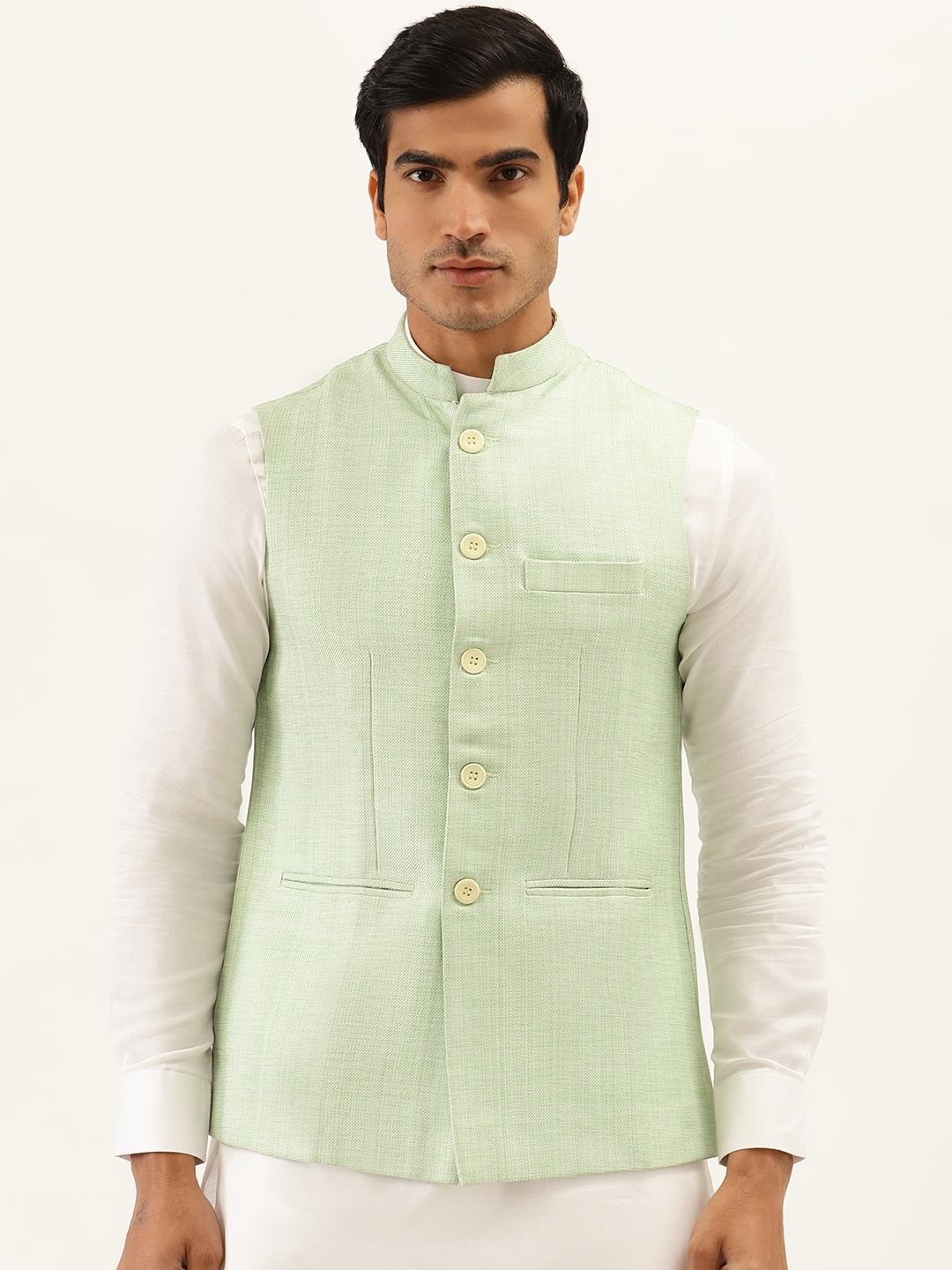

Manyavar Men Sea Green Self-Design Nehru Jacket