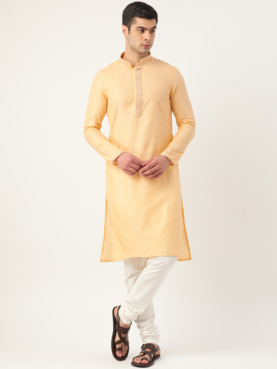 

Manyavar Men Peach-Coloured & White Self Design Kurta with Churidar