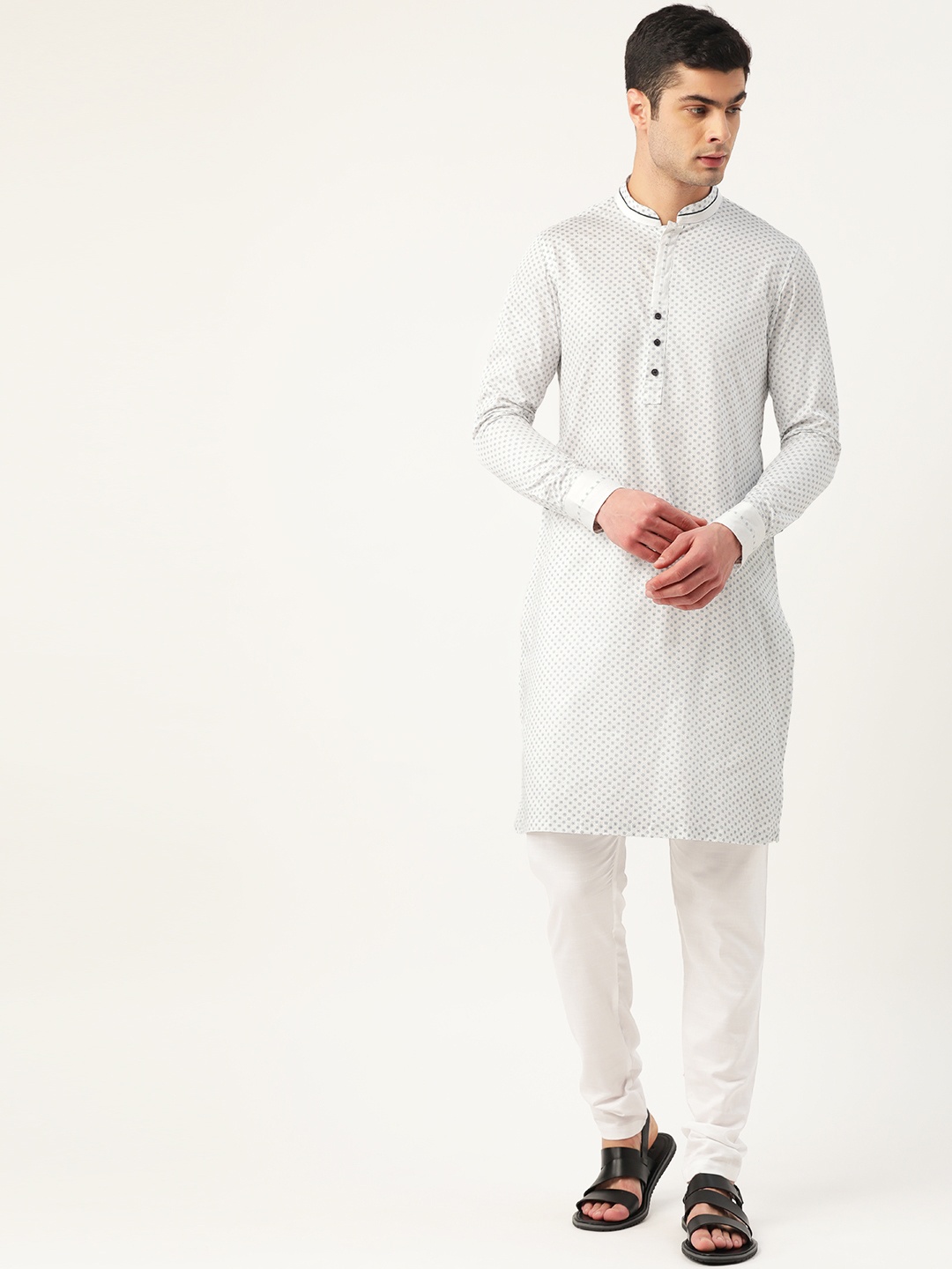 

Manyavar Men White & Blue Floral Print Straight Kurta
