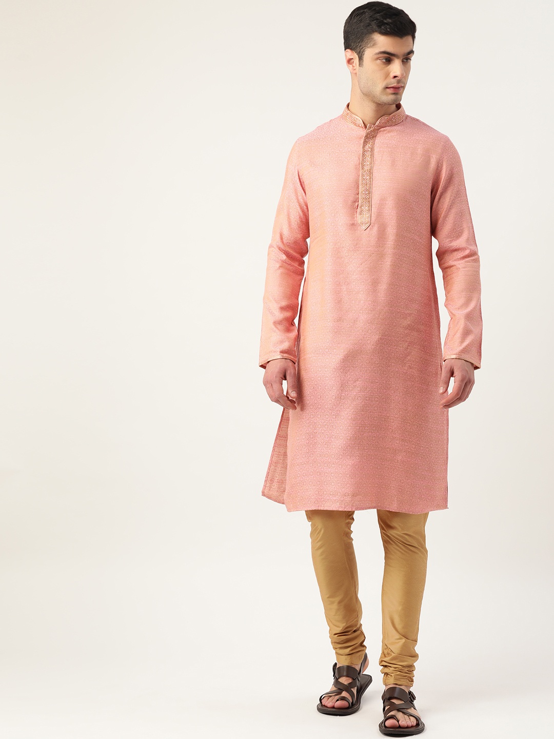 

Manyavar Men Pink & Beige Self Design Kurta with Churidar