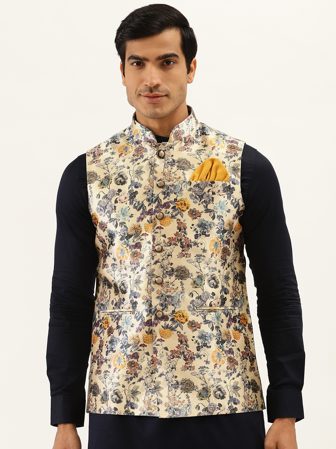 

Manyavar Men Beige Floral Printed Nehru Jacket