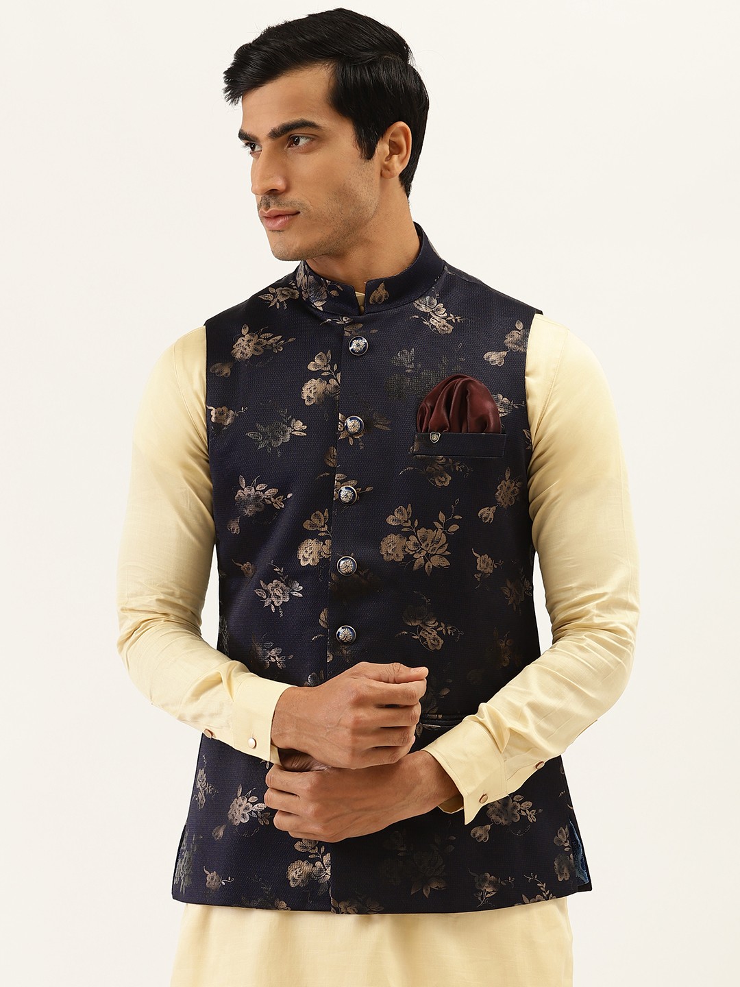 

Manyavar Men Navy Blue & Golden Floral Printed Nehru Jacket
