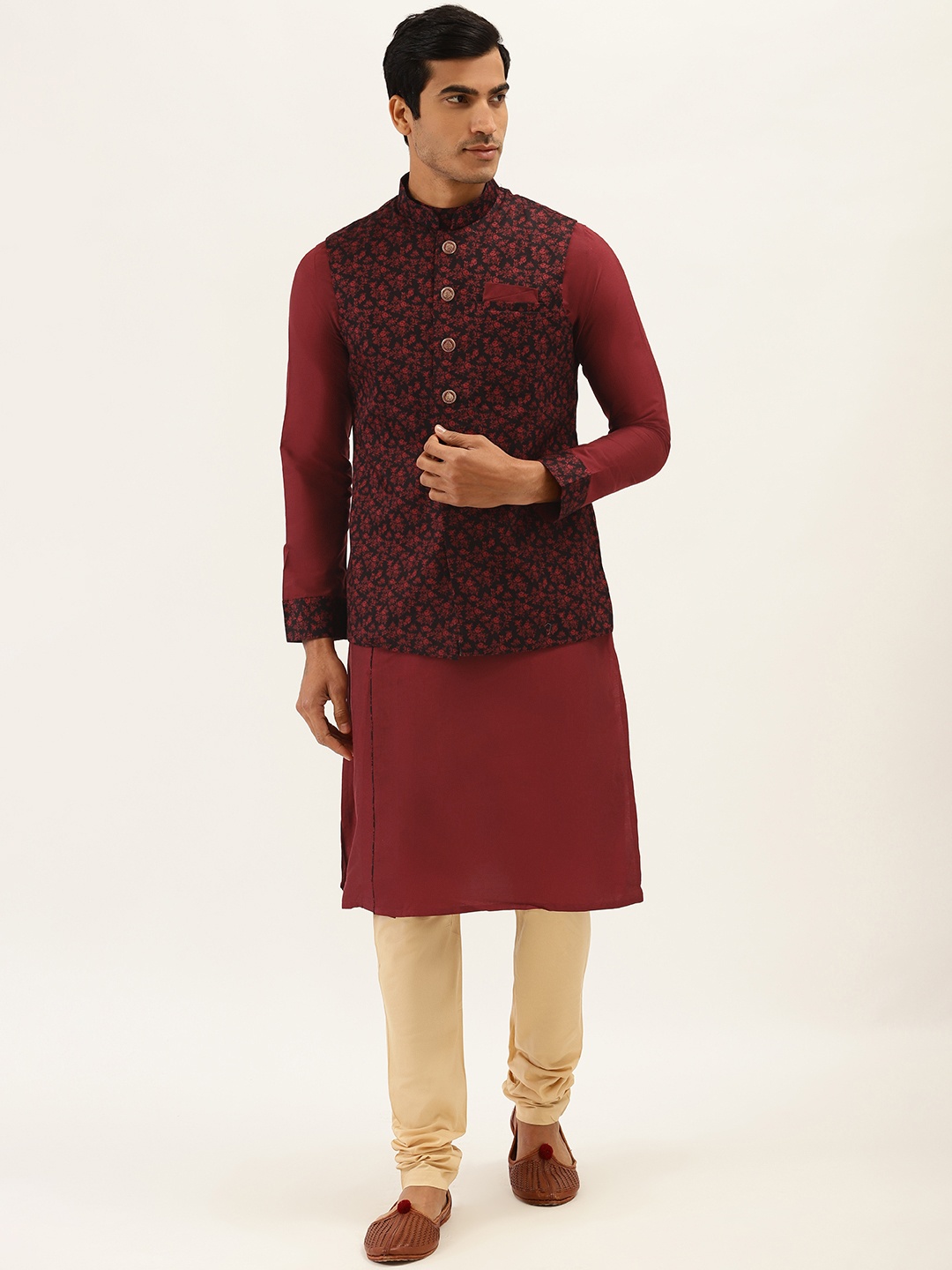 

Manyavar Men Maroon Solid Kurta with Churidar & Nehru Jacket