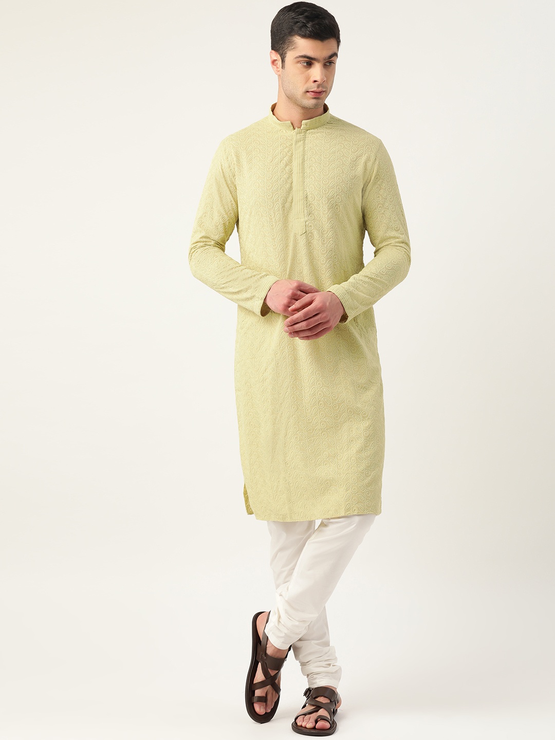 

Manyavar Men Lime Green & White Embroidered Kurta with Churidar