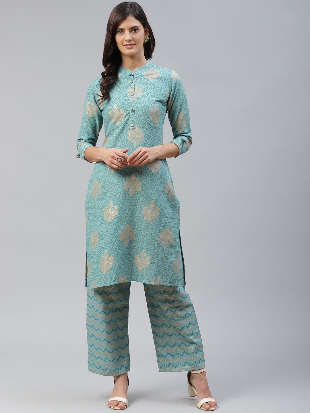 

HIGHLIGHT FASHION EXPORT Women Sea Green & Golden Printed Kurta with Palazzos