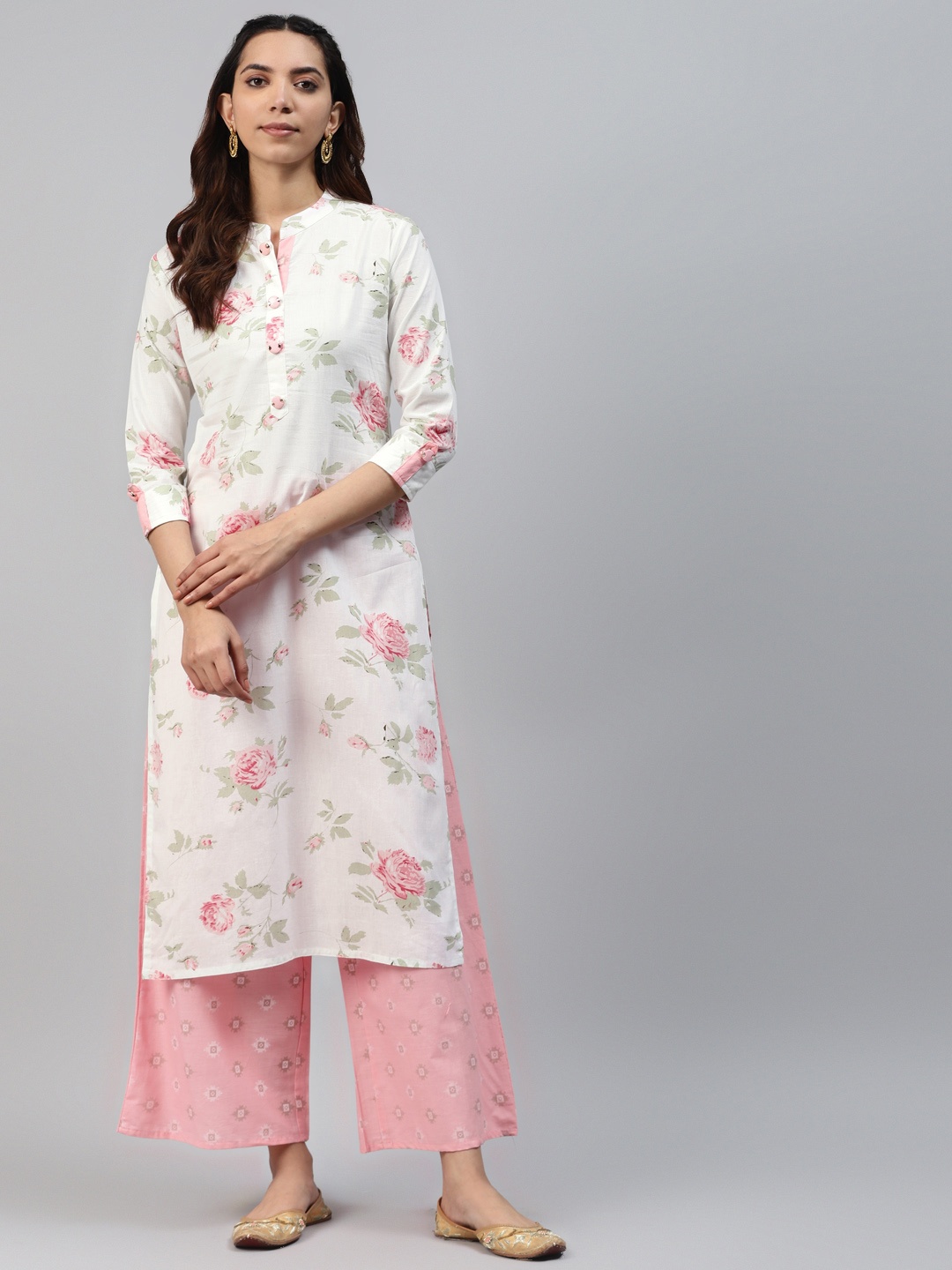 

HIGHLIGHT FASHION EXPORT Women Off-White & Pink Printed Kurta with Palazzos