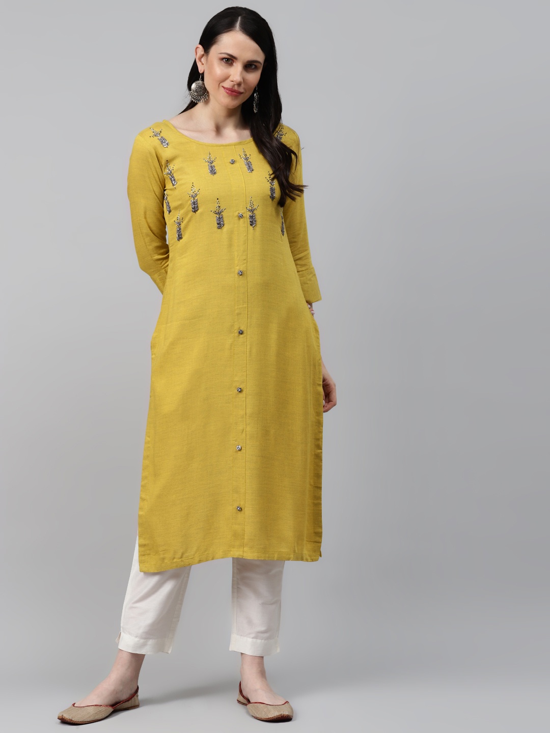 

HIGHLIGHT FASHION EXPORT Women Mustard Yellow Yoke Design Zardozi Kurta