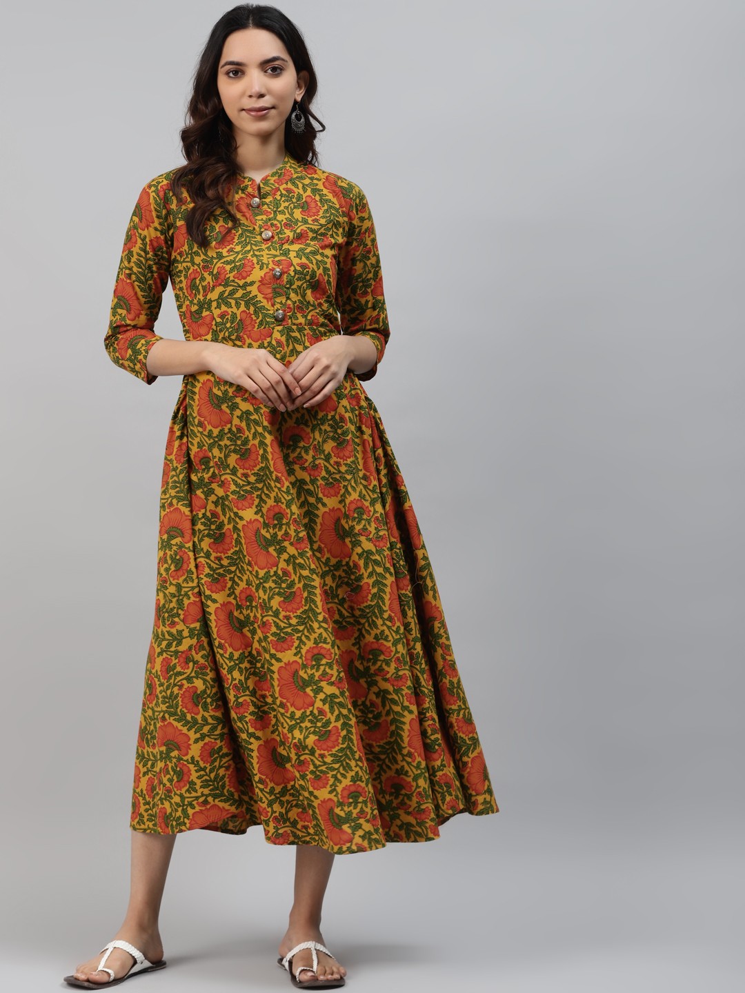 

HIGHLIGHT FASHION EXPORT Women Mustard Yellow & Red Floral Print Maxi Dress