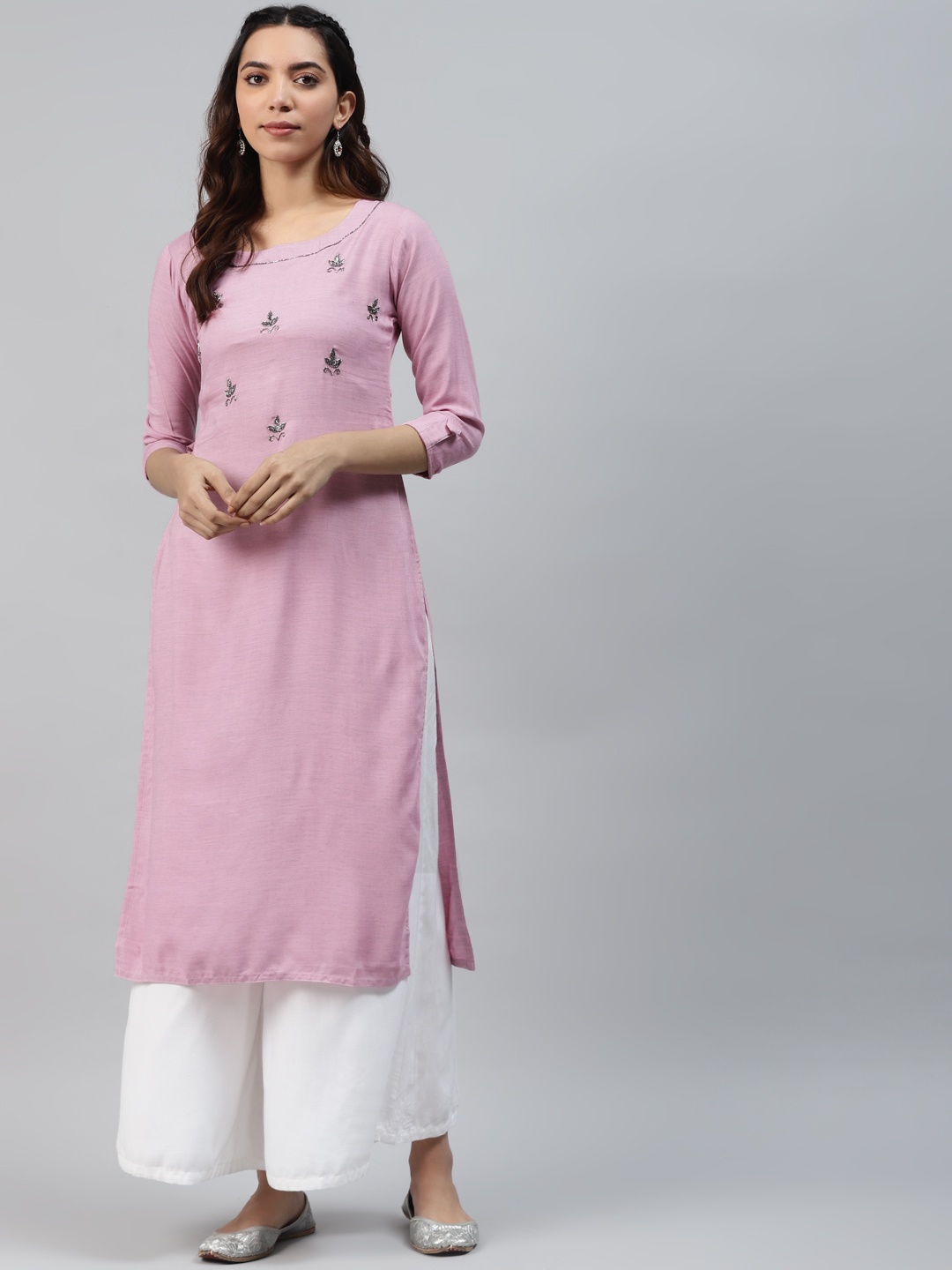 

HIGHLIGHT FASHION EXPORT Women Pink & Silver Yoke Design Zardozi Handwork Kurta