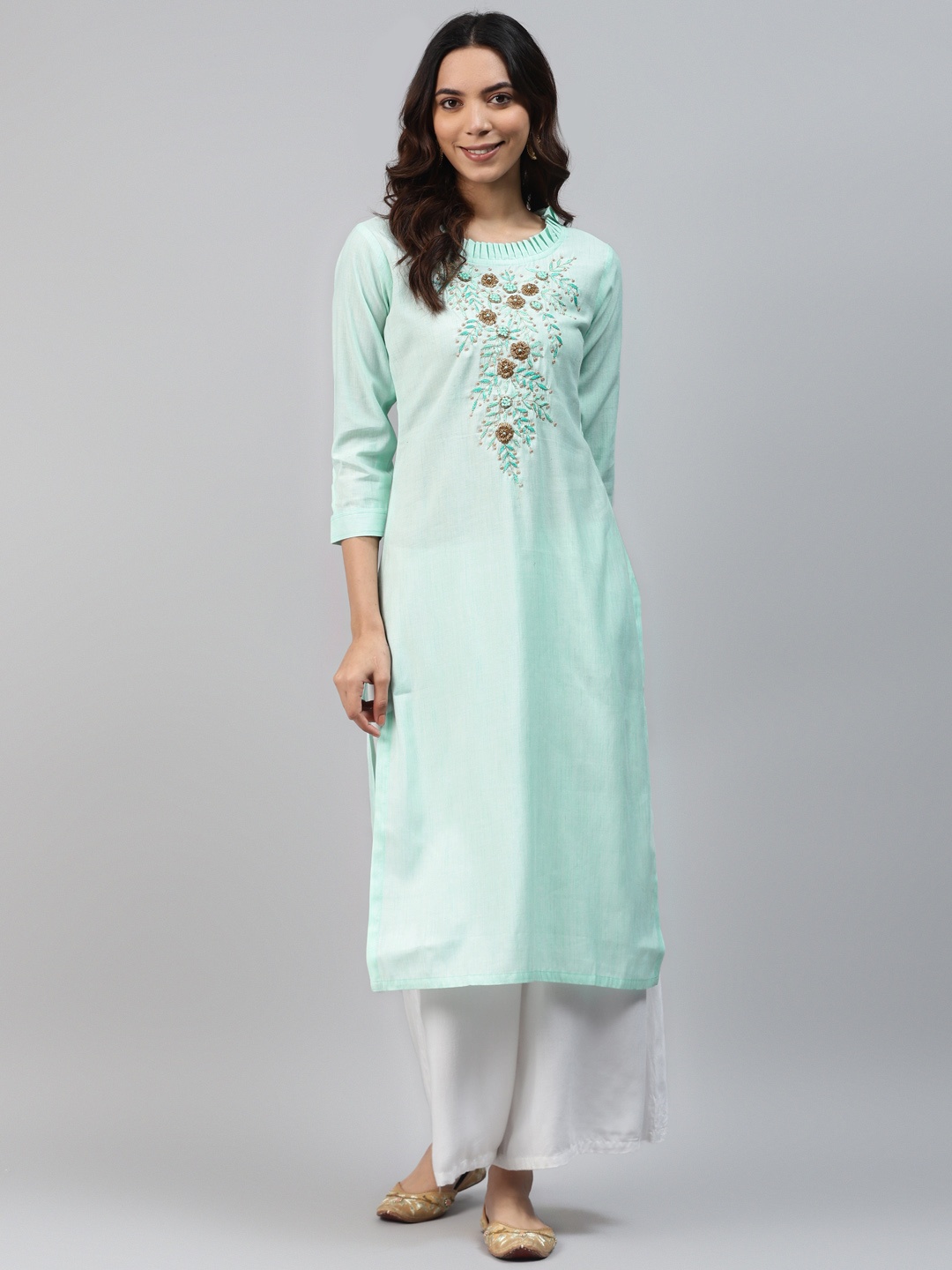 

HIGHLIGHT FASHION EXPORT Women Blue Floral Handwork Yoke Design Kurta