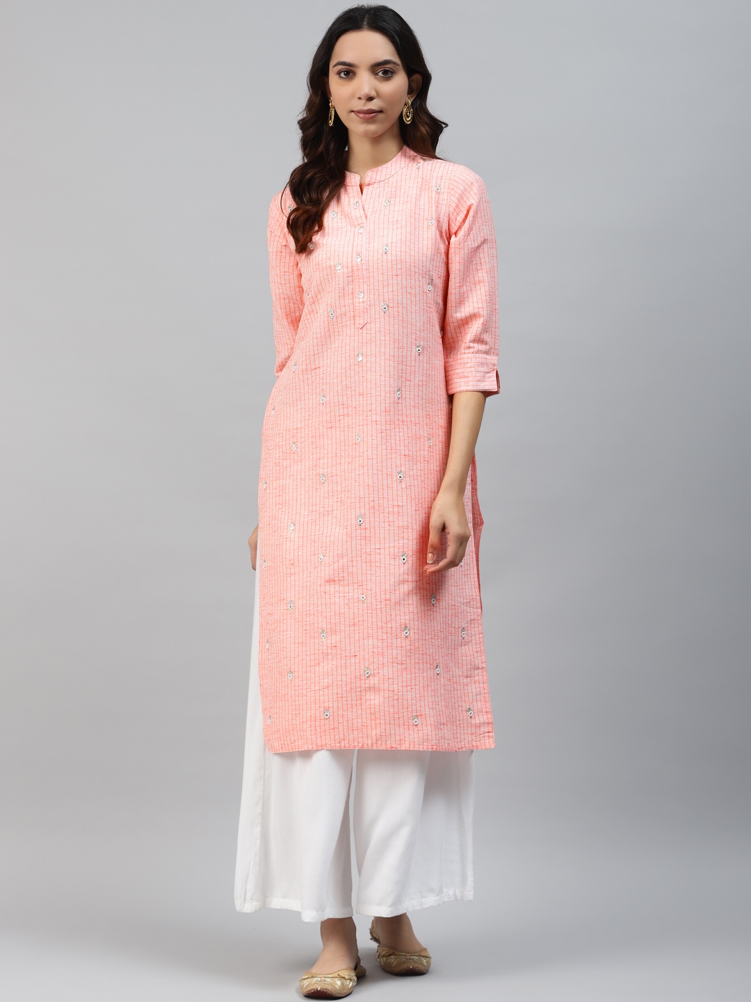 

HIGHLIGHT FASHION EXPORT Women Peach-Coloured Striped Zardozi Handwork Cotton Kurta