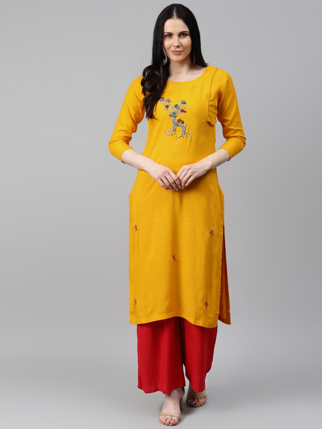 

HIGHLIGHT FASHION EXPORT Women Mustard Yellow Zardozi Handwork Straight Kurta