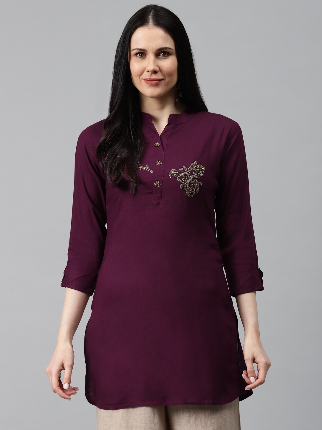 

HIGHLIGHT FASHION EXPORT Women Burgundy Handwork Yoke Design Kurta