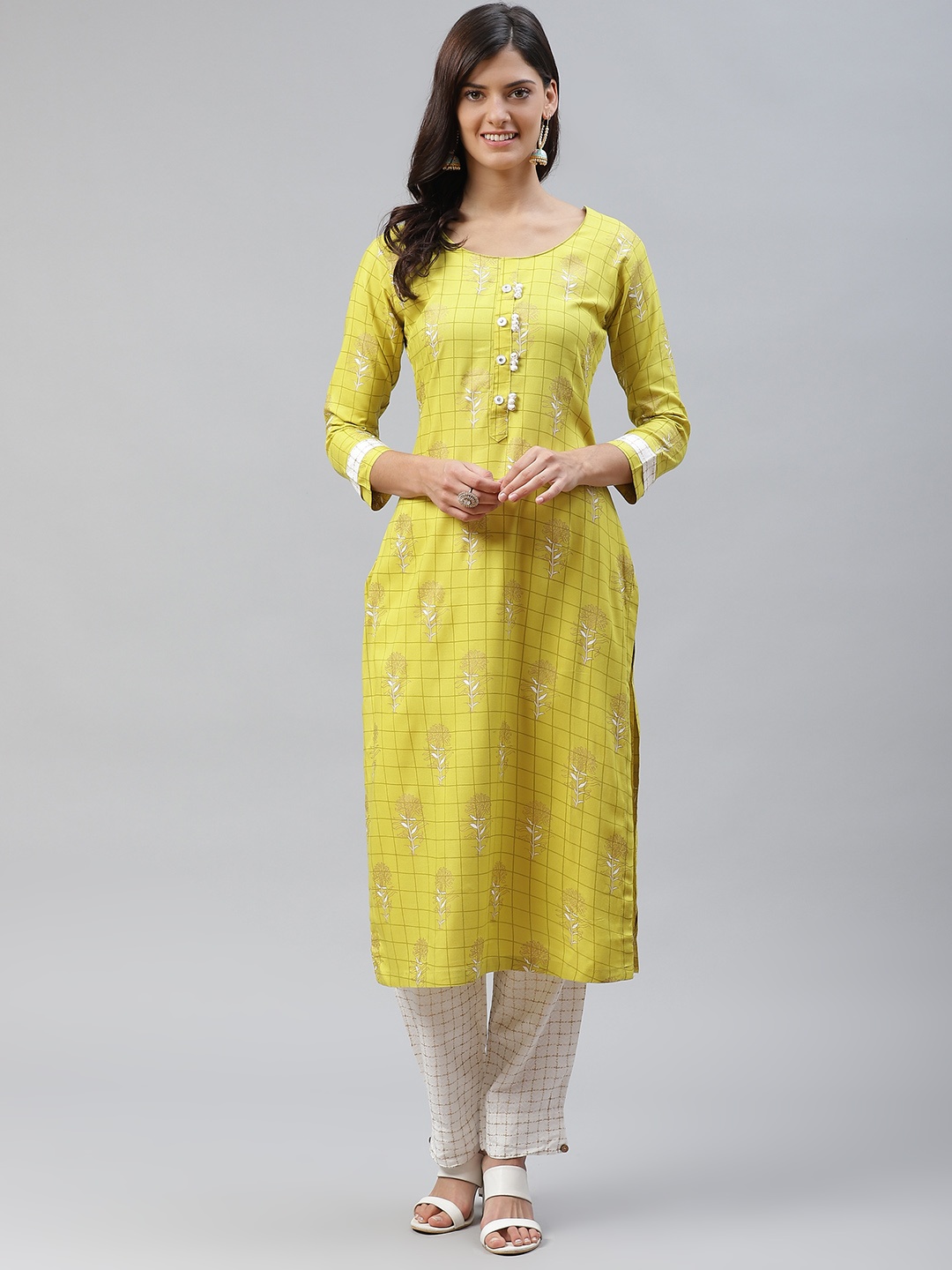 

HIGHLIGHT FASHION EXPORT Women Lime Green & Golden Printed Kurta with Trousers