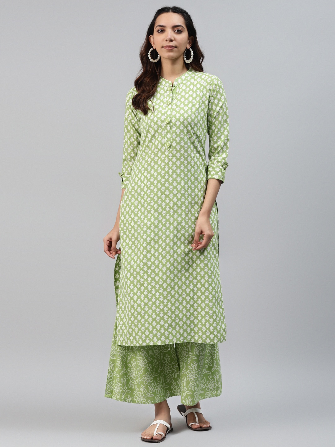 

HIGHLIGHT FASHION EXPORT Women Green & White Printed Kurta with Palazzos