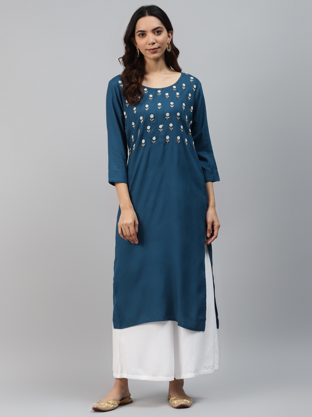 

HIGHLIGHT FASHION EXPORT Women Teal Bue Handwork Yoke Design Kurta