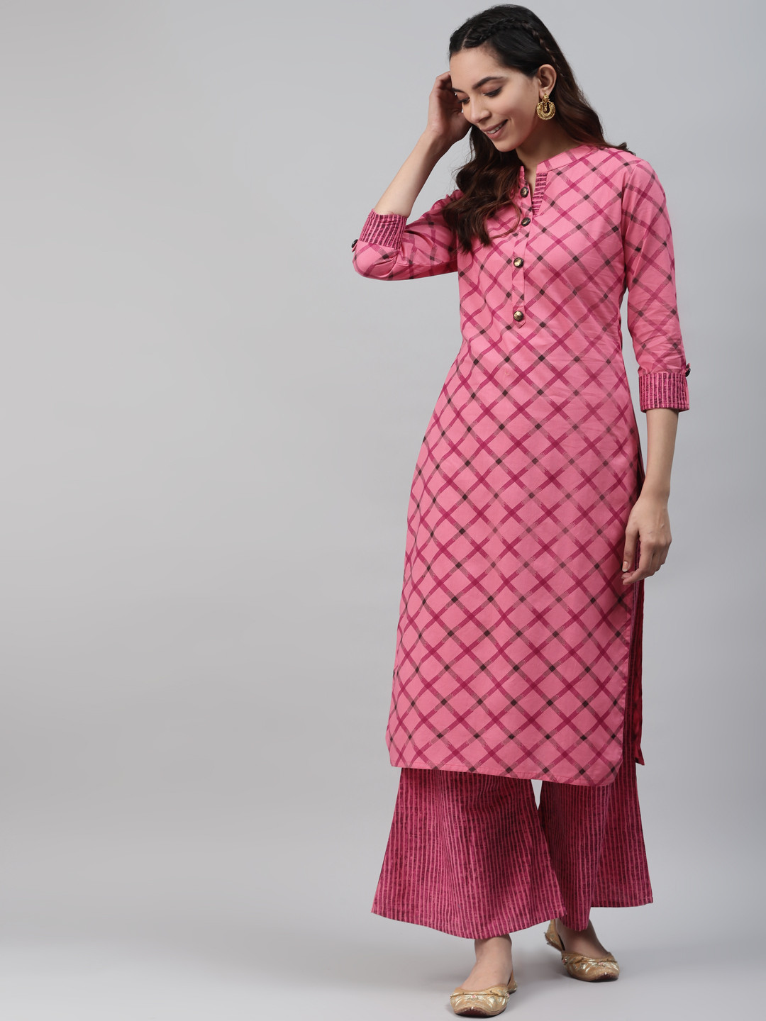 

HIGHLIGHT FASHION EXPORT Women Pink Checked Kurta with Palazzos
