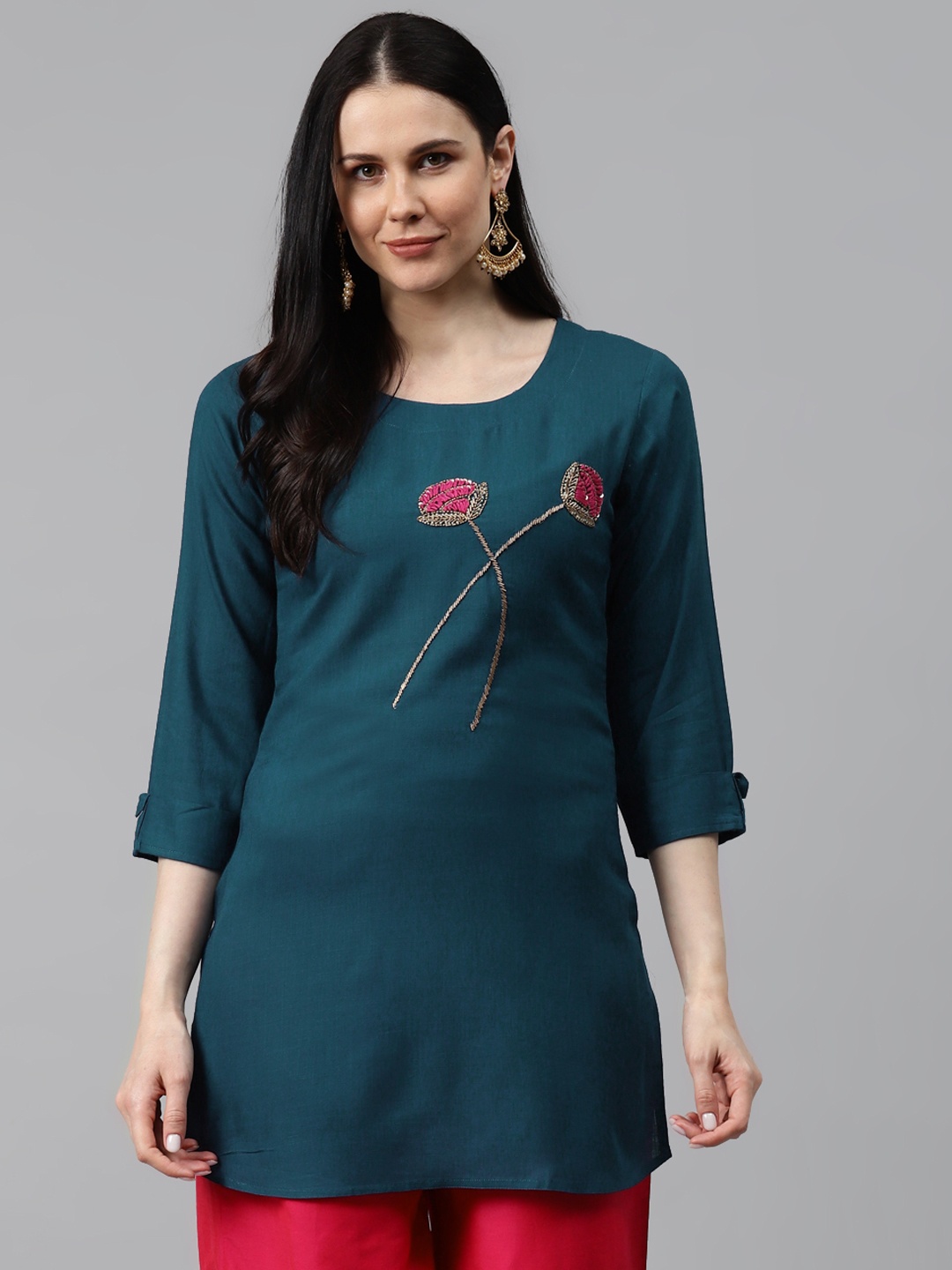 

HIGHLIGHT FASHION EXPORT Women Teal Blue Roll-Up Sleeves Handwork Embroidered Kurti