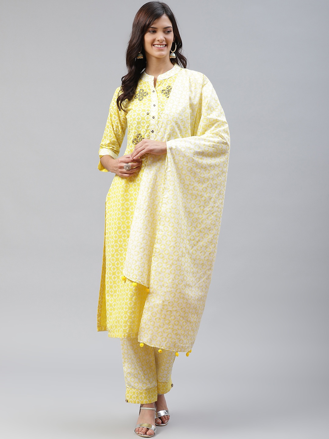 

HIGHLIGHT FASHION EXPORT Women Yellow & White Printed Kurta with Trousers & Dupatta