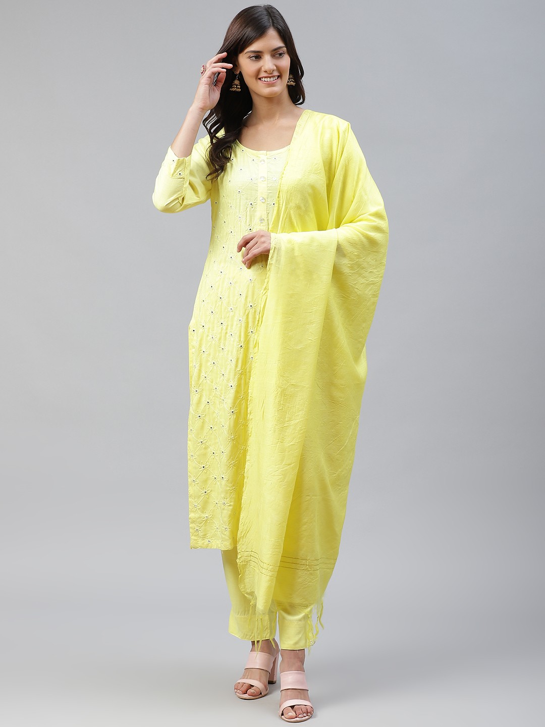 

HIGHLIGHT FASHION EXPORT Women Yellow Embroidered Kurta with Trousers & Dupatta
